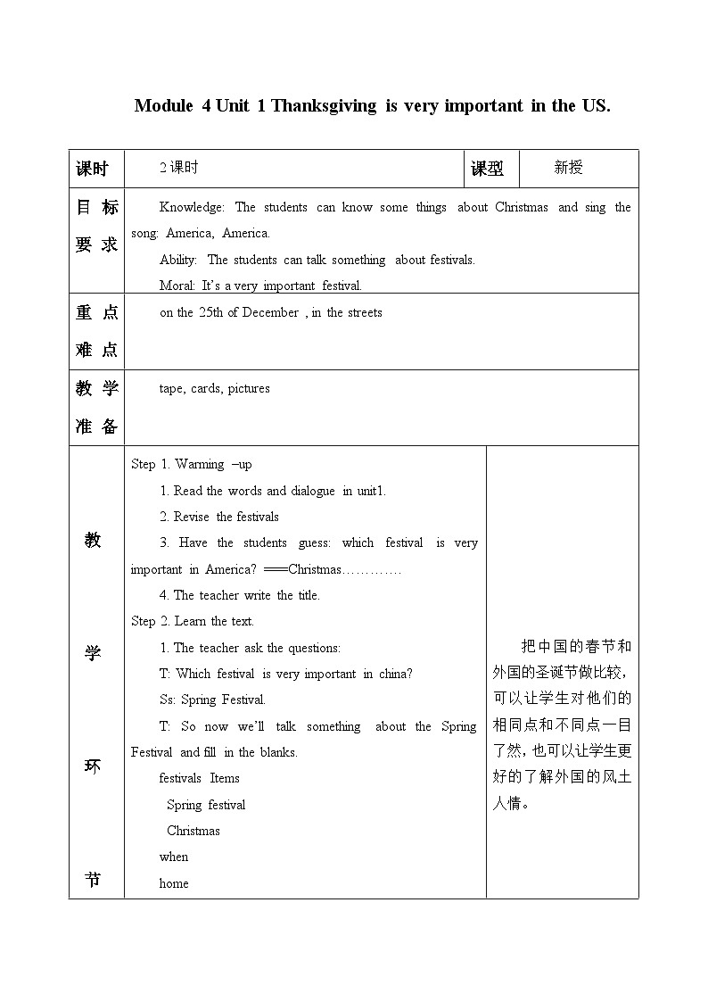 外研版（一年级起点）小学六年级英语上册Module 4 Unit 1 Thanksgiving is very important in the US.   教案01
