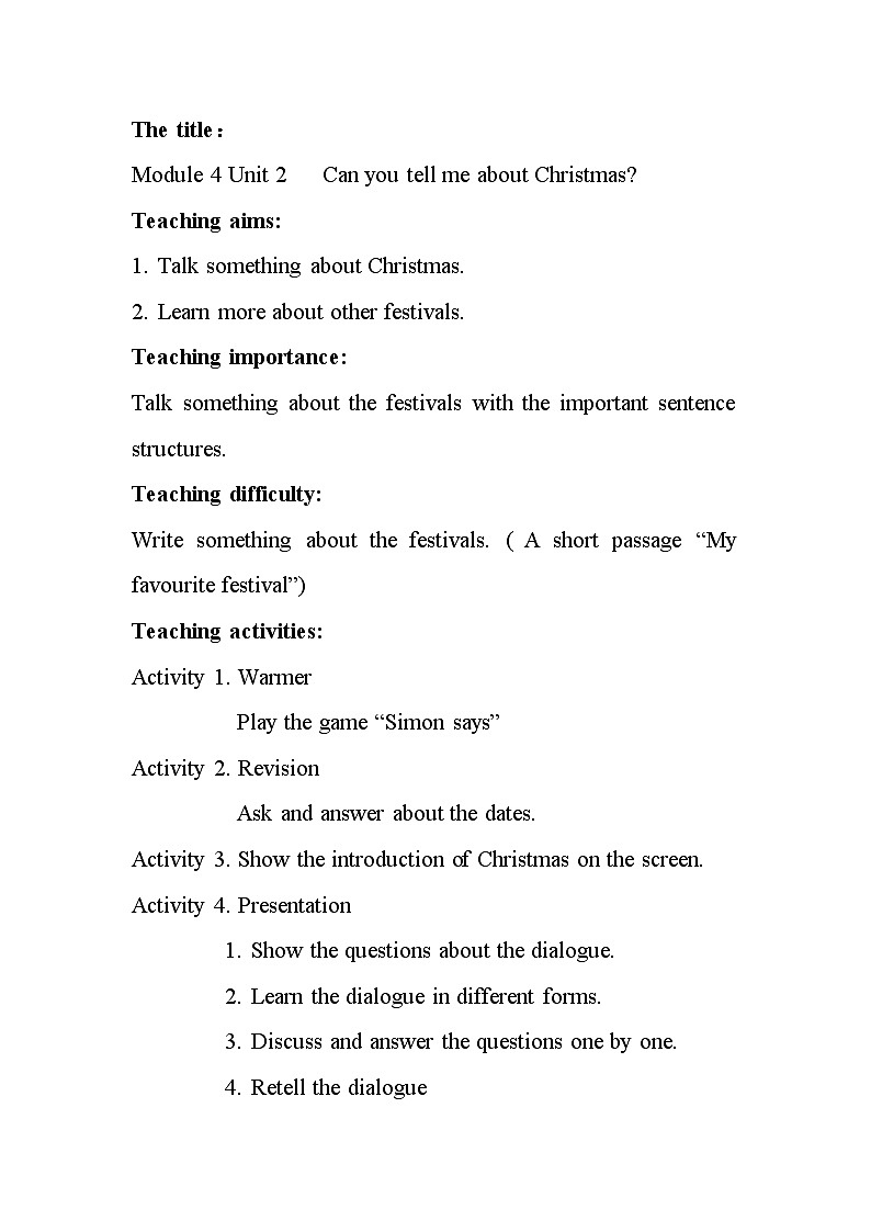 外研版（一年级起点）小学六年级英语上册Module 4 Unit 2 Can you tell me about Christmas？   教案101