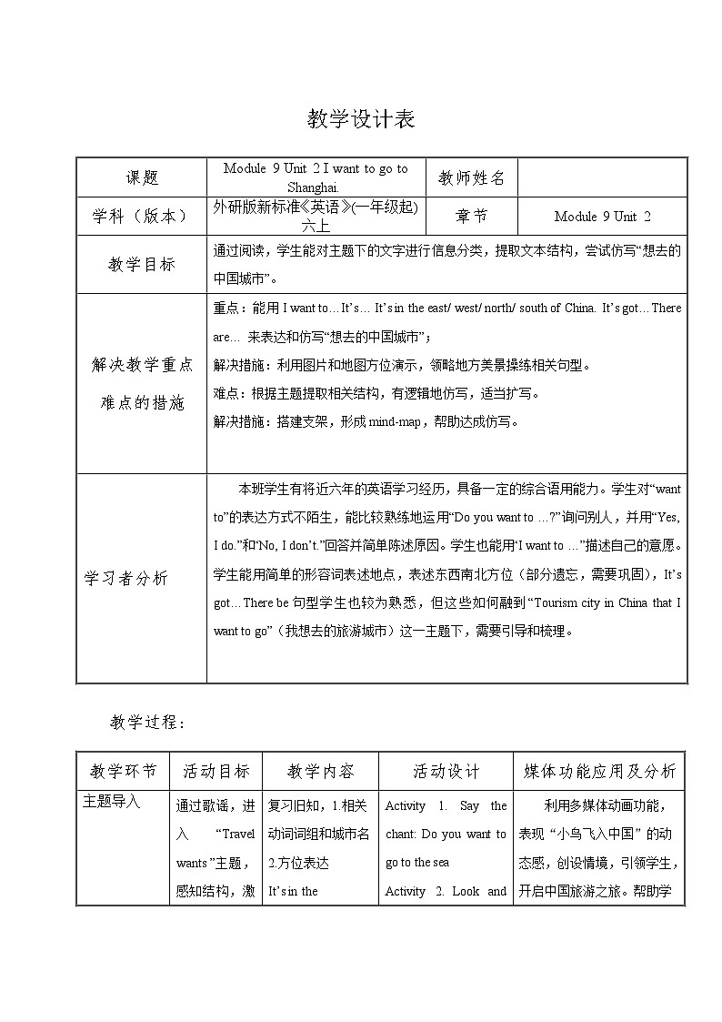 外研版（一年级起点）小学六年级英语上册Module 9 Unit 2 I want to go to Shanghai.  教案101