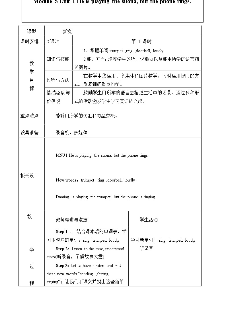 外研版（一年级起点）小学六年级英语下册Module 5 Unit 1 He is playing the suona, but the telephone rings.  教案01