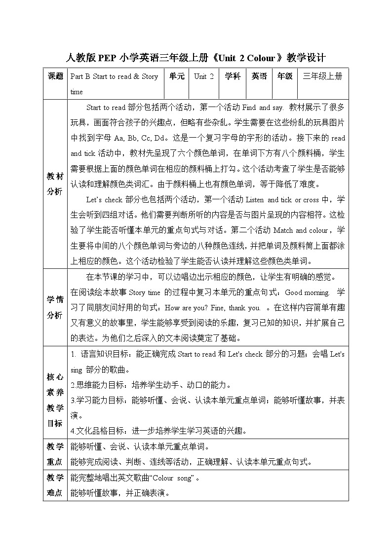【核心素养目标】人教版小学英语 三年级上册 Unit 2 Colour Part B Start to read & Story time 教案（含教学反思）第1页