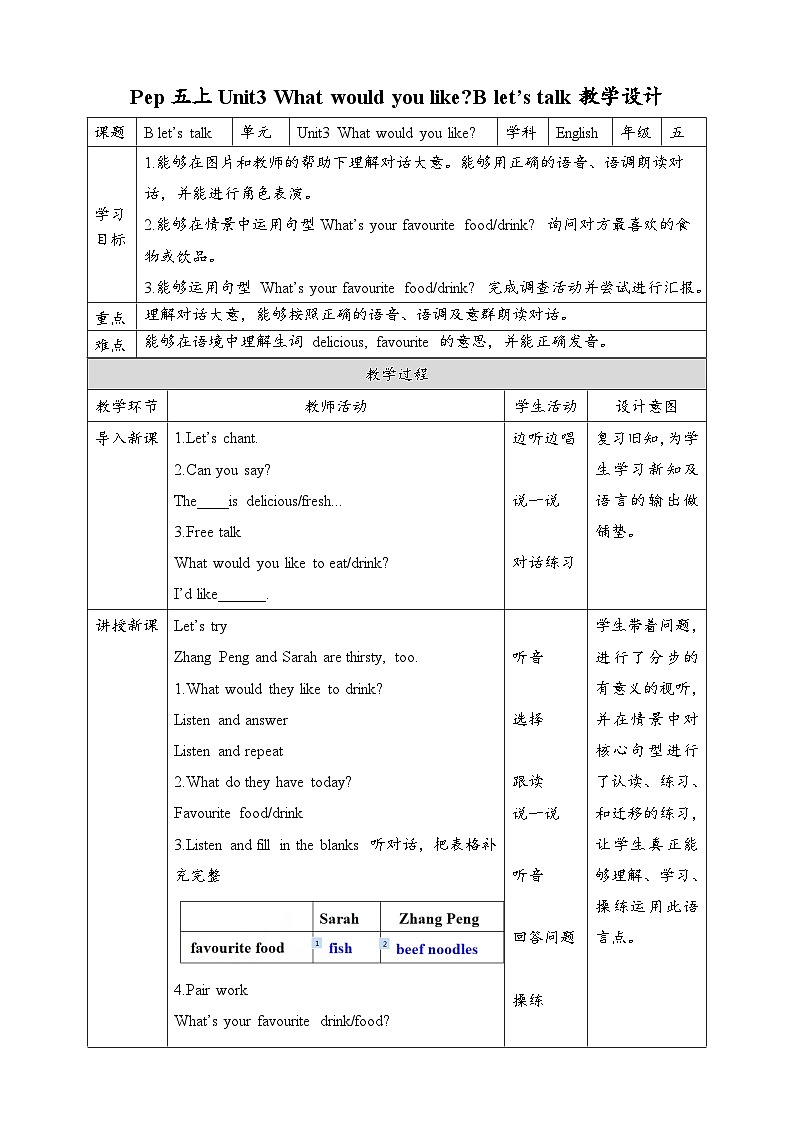 人教版英语五年级上册 Unit3 What would you like B let 's talk 教案第1页