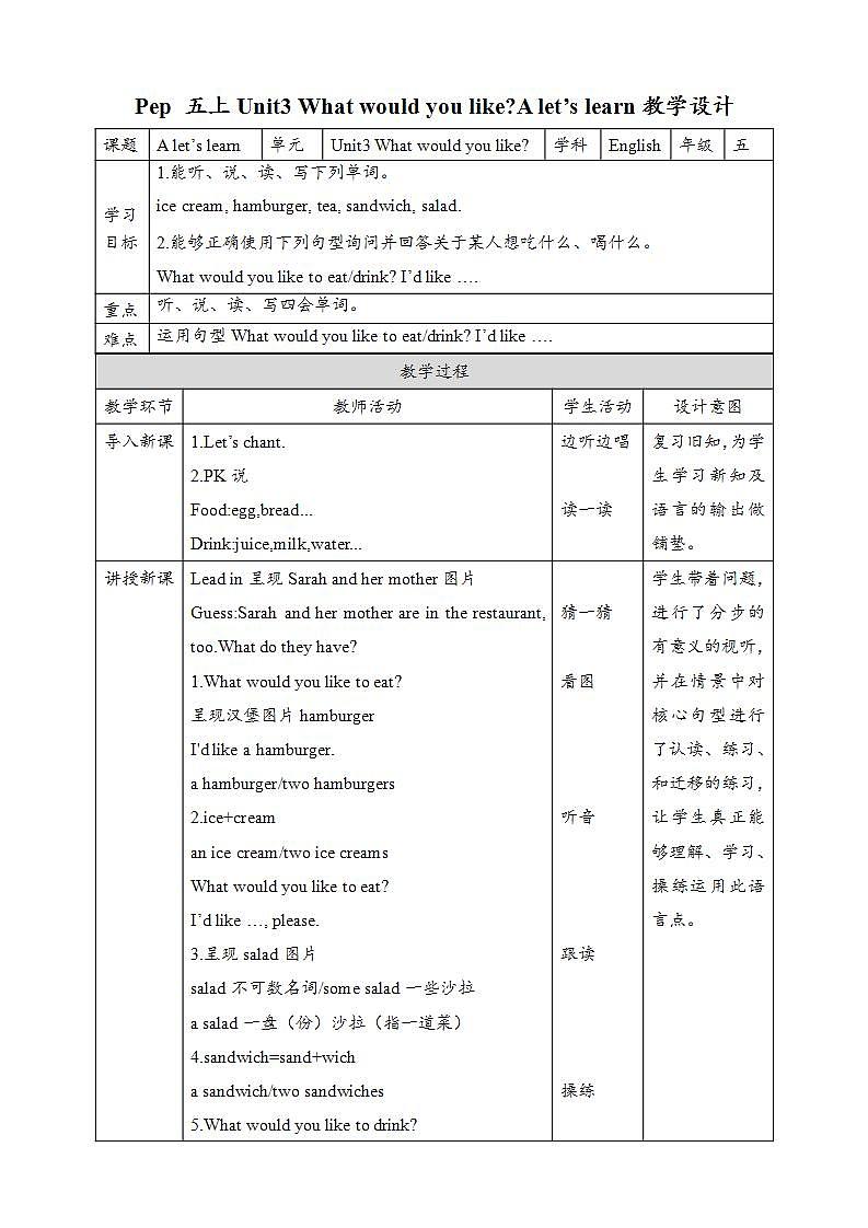 人教版英语五年级上册 Unit3 What would you like A let's learn课件+教案+练习+素材01