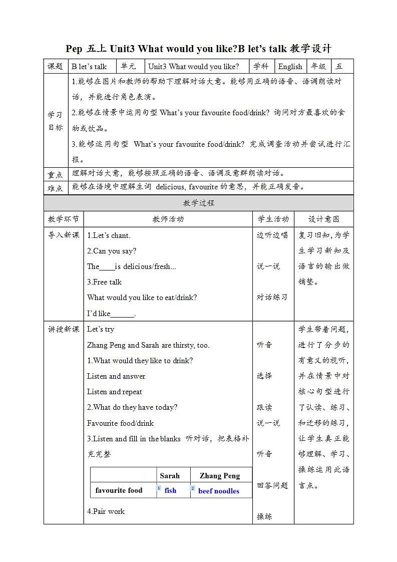 人教版英语五年级上册 Unit3 What would you like B let's talk 课件+教案+练习+素材01