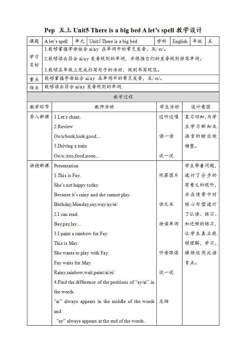 人教版英语五年级上册 Unit5 There is a big bed A let's spell 课件+教案+练习+素材01