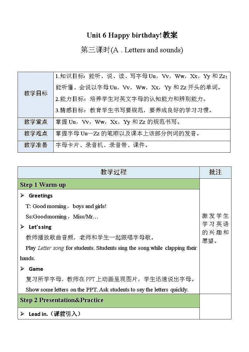 Unit 6 Happy birthday  Part A Letters and sounds课件+教案+素材01