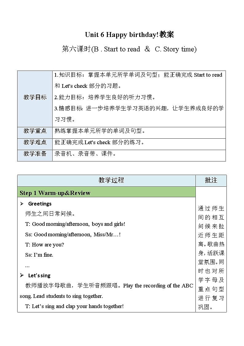 Unit 6 Happy birthday  Part B Start to read & C Story time课件+教案+素材01