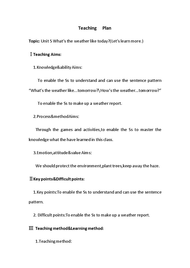 陕旅版（三年级起）小学五年级英语下册 Unit 5 What's the Weather like Today   教案301