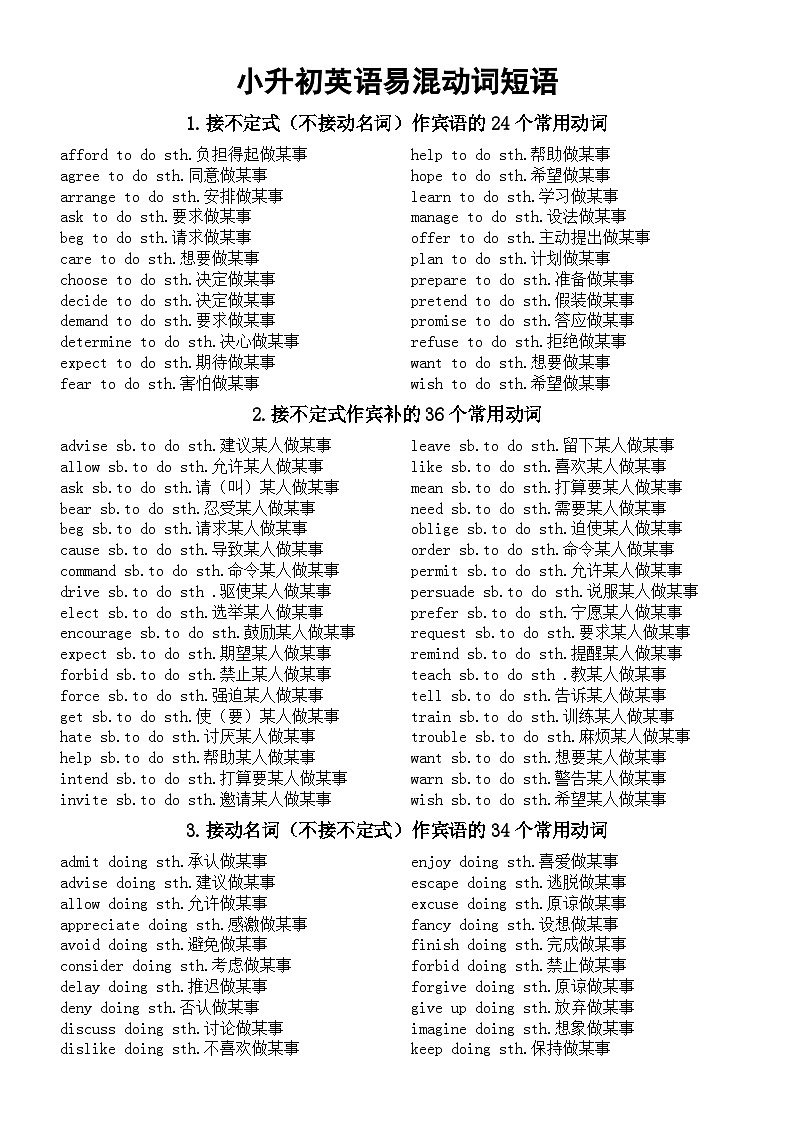 小学英语小升初易混动词短语汇总（共23组）第1页