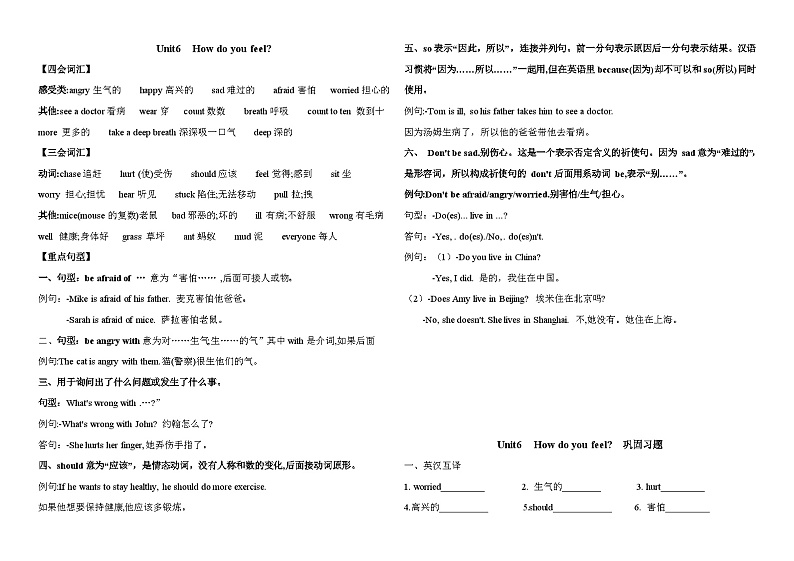 【单元学案】人教版PEP英语六年级上册--Unit6 How do you feel 同步学案（知识点总结+习题+答案）01