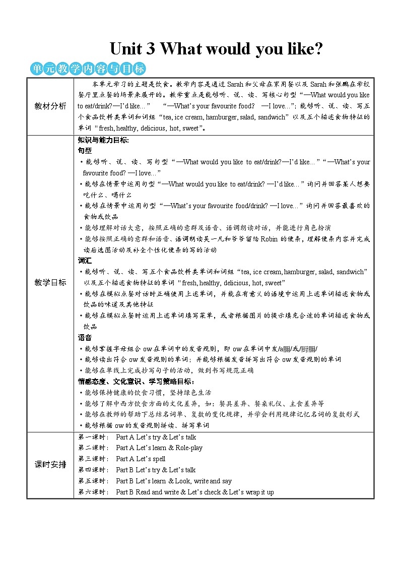 【单元教案】人教版PEP英语五年级上册--Unit 3 What would you like？单元教案（6课时）01