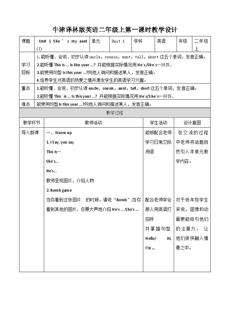【同步教案】牛津译林版英语二年级上册-Unit 1 She’s my aunt  第一课时 （教案）第1页