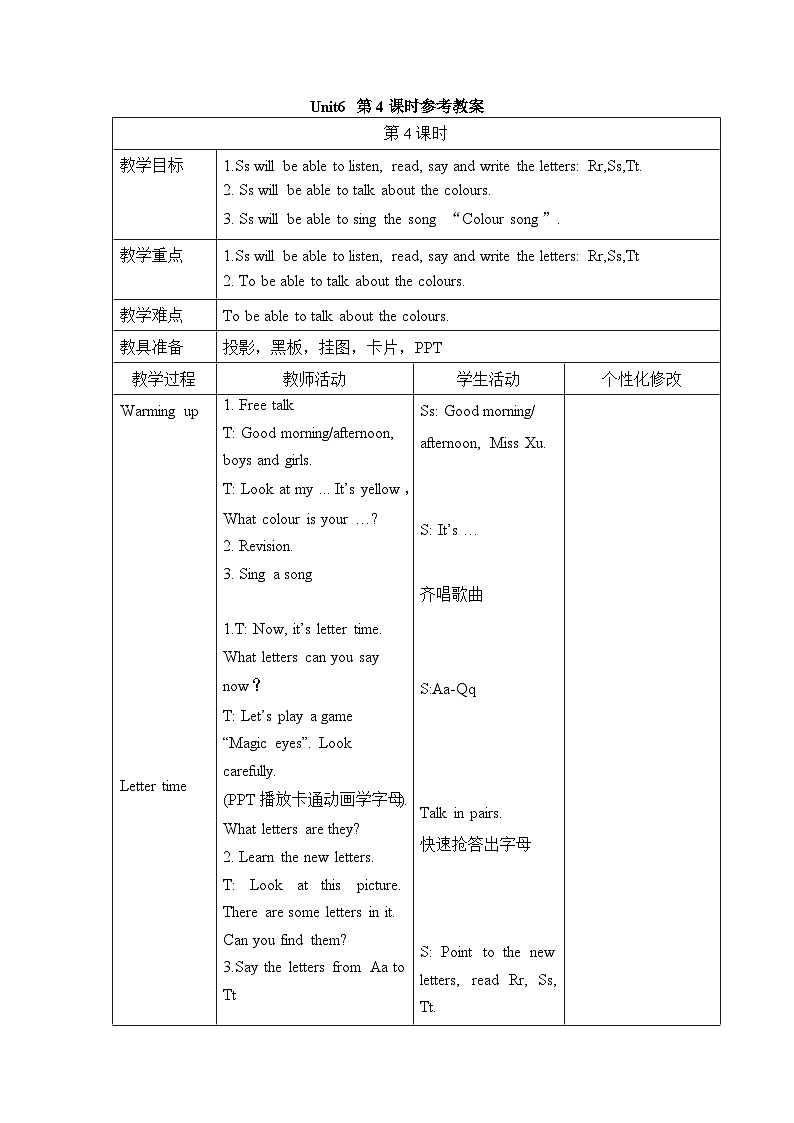 【同步教案】牛津译林版英语三年级上册--Unit6（第4课时）教案01