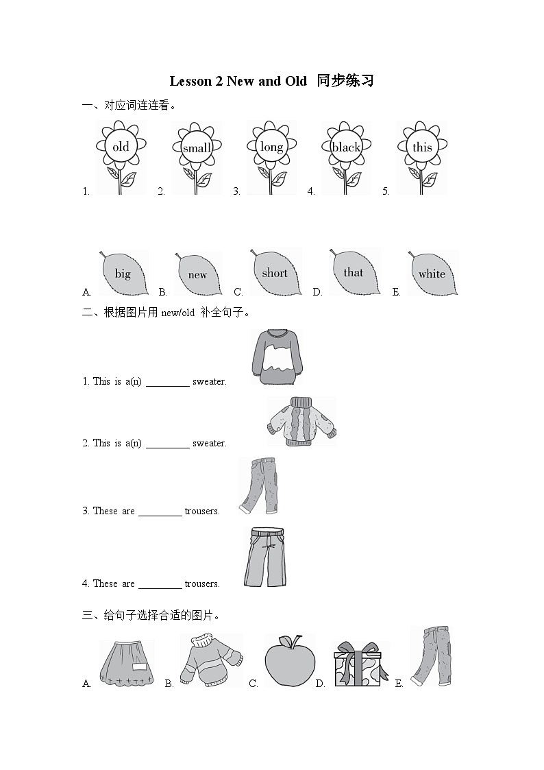 【同步练习】冀教版英语（三起）四年级上册--Lesson 2 new and old  练习题（含答案）01
