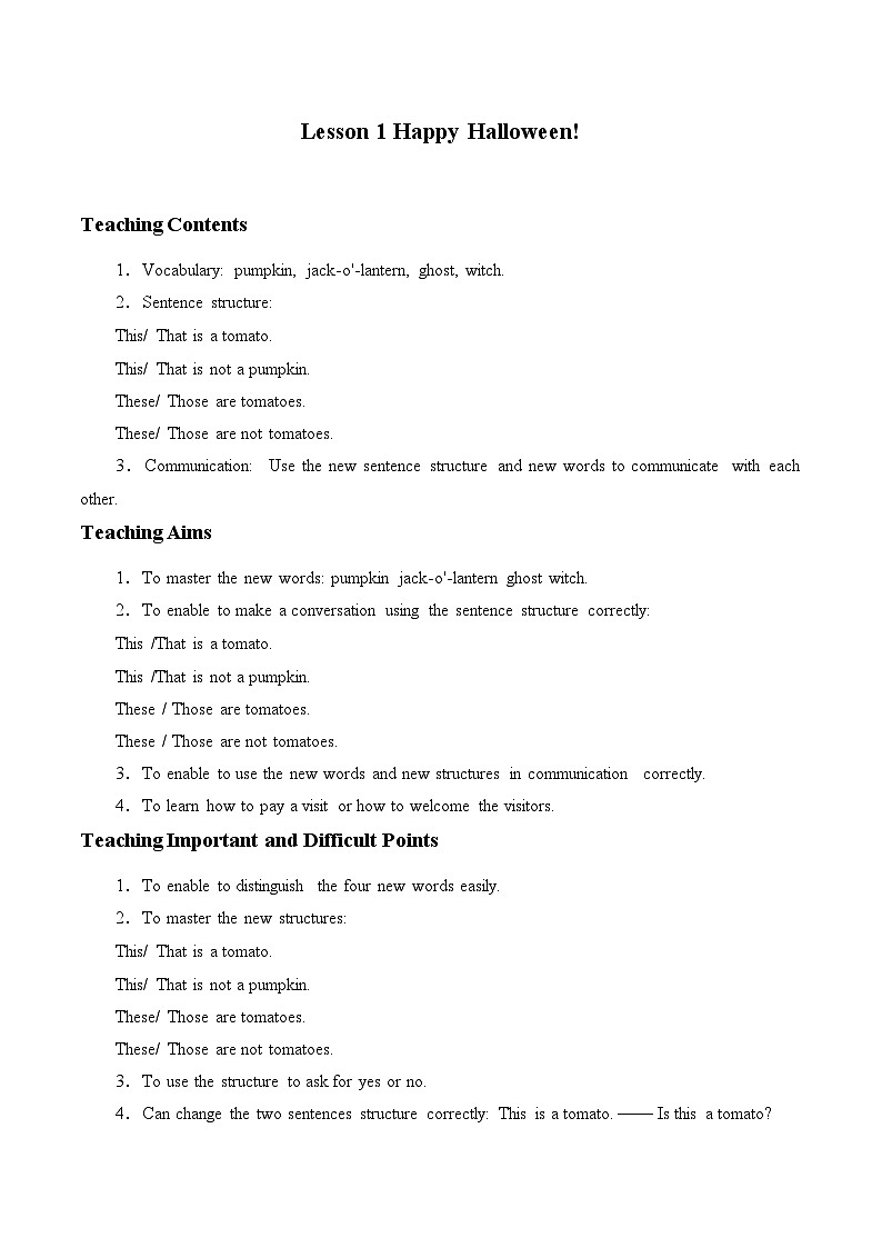 川教版（三年级起点）小学六年级英语上册 Unit3  Lesson 1 Happy Halloween!  教案第1页