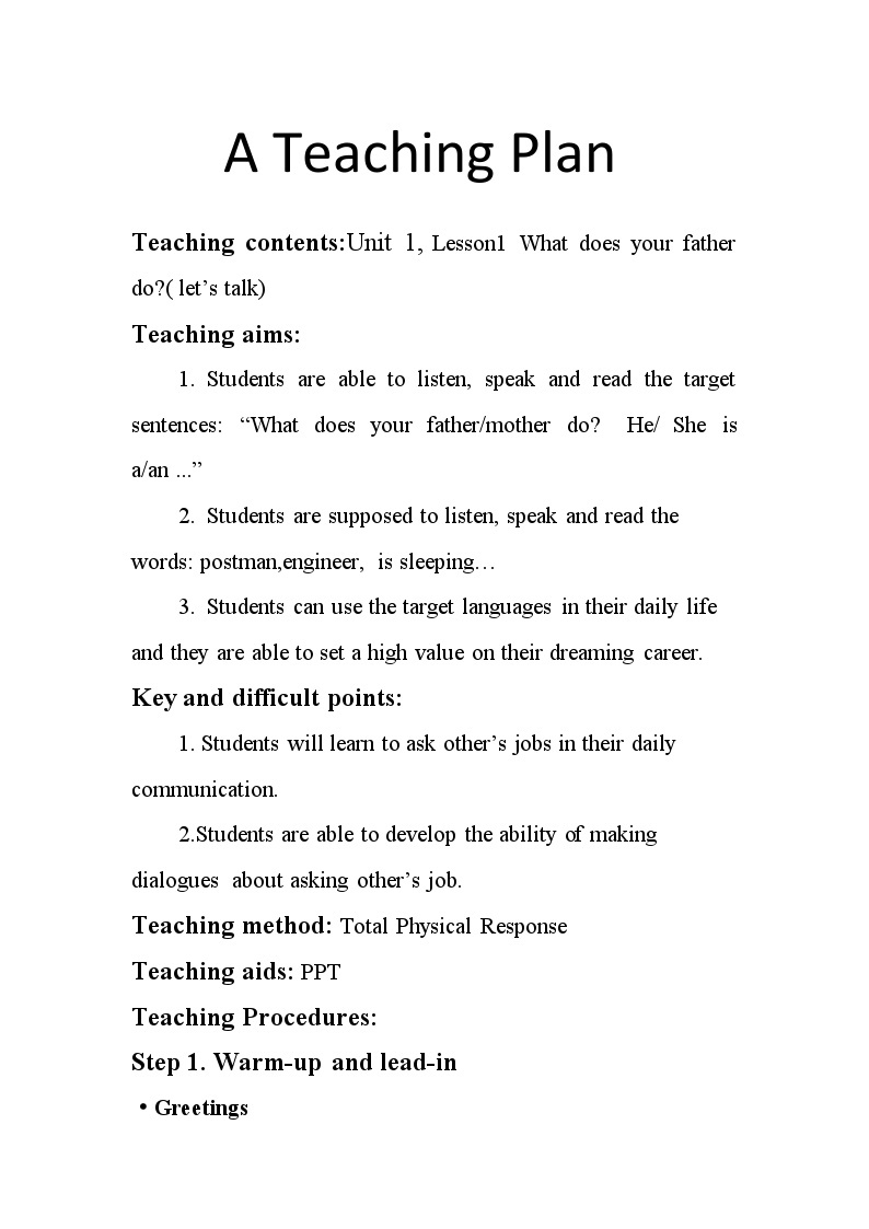 川教版（三年级起点）小学六年级英语下册 Unit1 Lesson 1 What Does Your Father Do   教案102