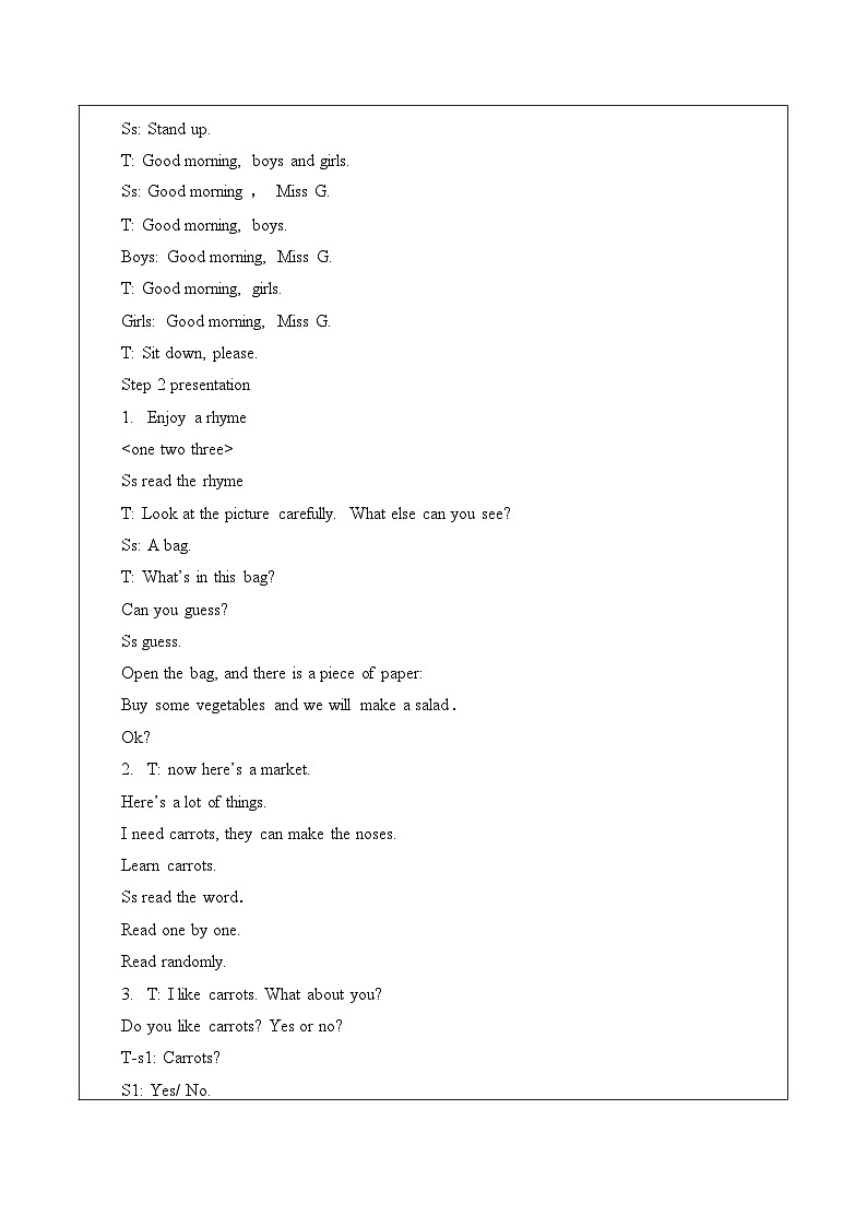 牛津译林版小学一年级英语下册 Unit 3 I like carrots  教案02