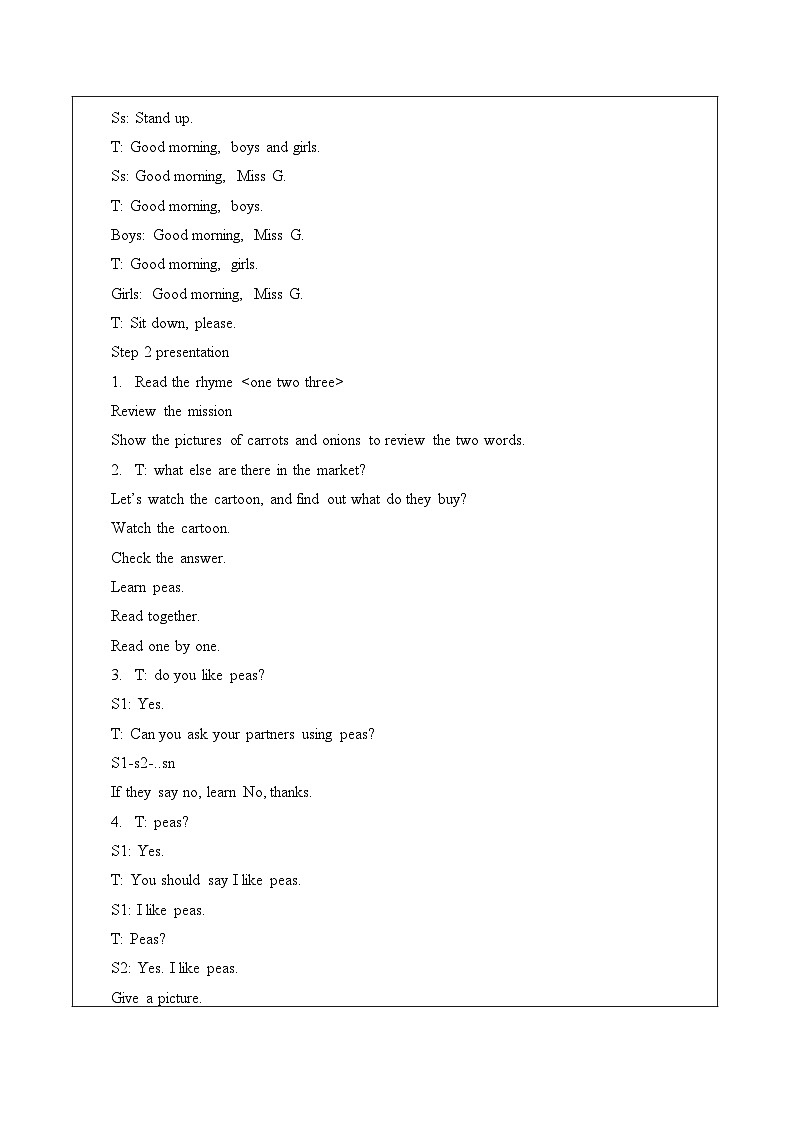 牛津译林版小学一年级英语下册 Unit 3 I like carrots  教案102