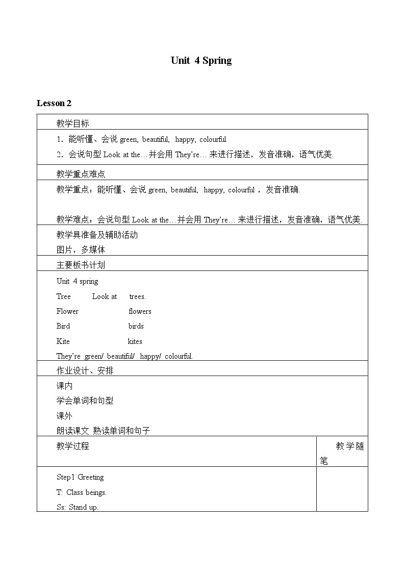牛津译林版小学一年级英语下册 Unit 4 Spring  教案1第1页