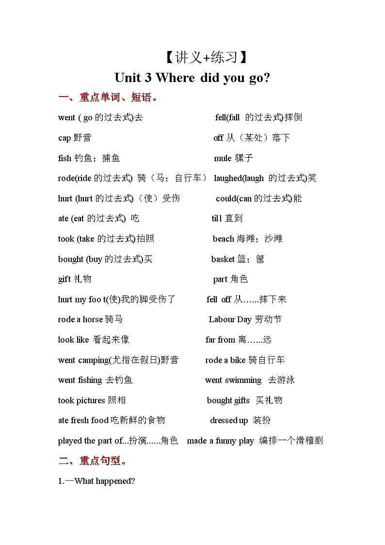 【单元复习讲义】人教pep版英语六年级下册-Unit 3  单元复习（讲义+练习）第1页