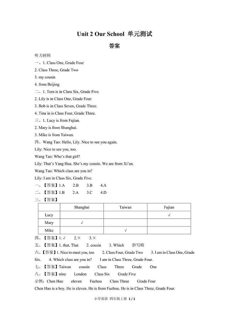 闽教版 小学英语 四年级上册  Unit 2 Our School单元测试 A卷01