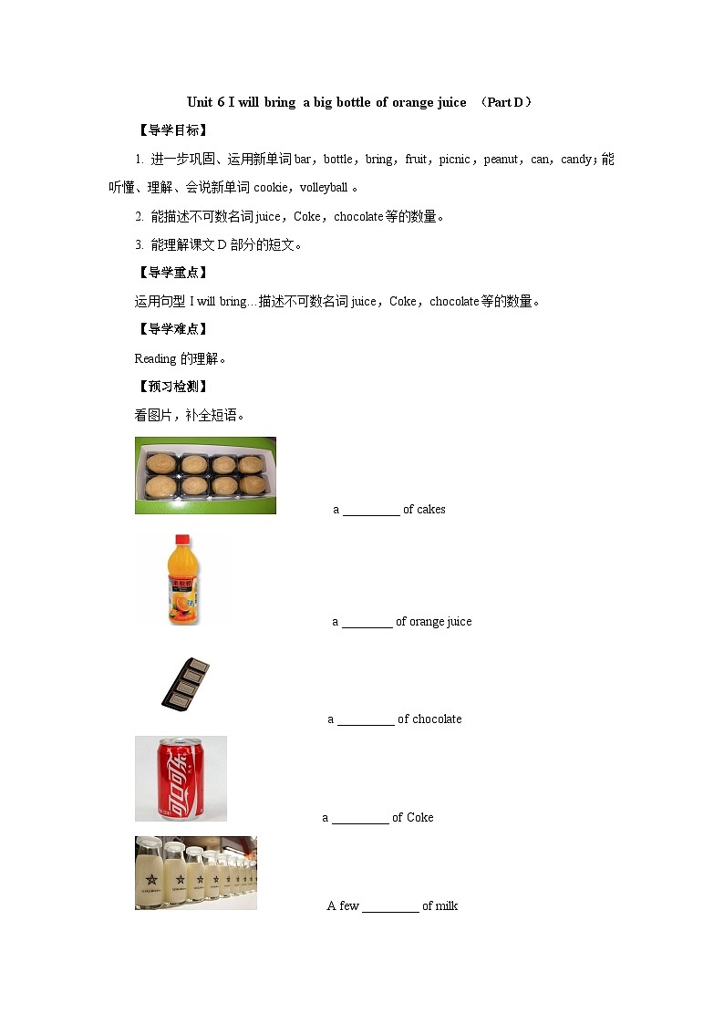 湘少版 小学英语 六年级上册 Unit 6 I will bring a big bottle of orange juice Part D导学案（无答案）01