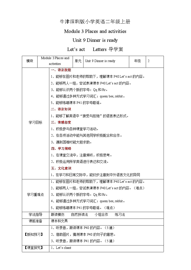 沪教牛津版（六三制一起） 小学英语 二年级上册 Unit 9 Dinner is ready Let's act Letters 导学案01