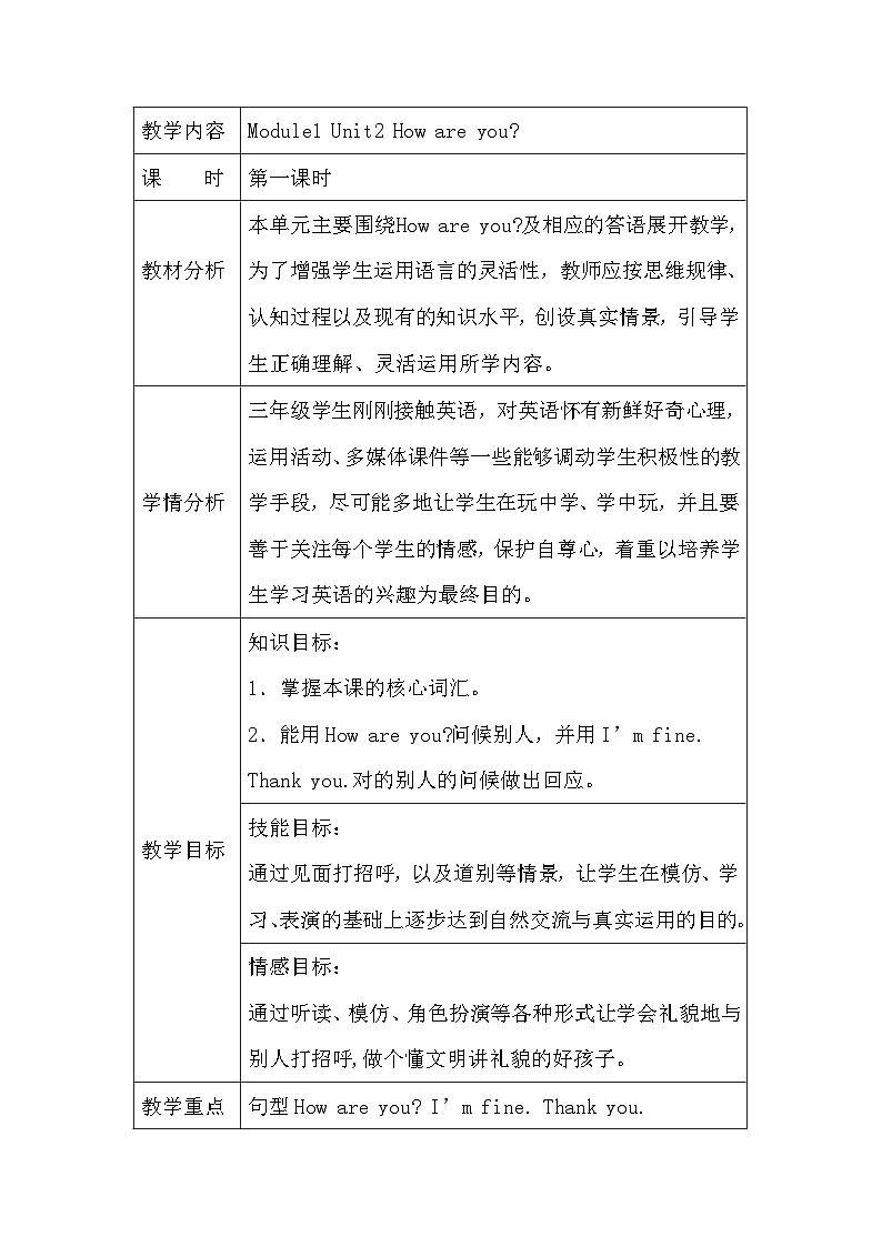 沪教牛津版（三起） 小学英语 三年上册 Module 1  Unit 2 How are you_ 教案（表格式）第1页