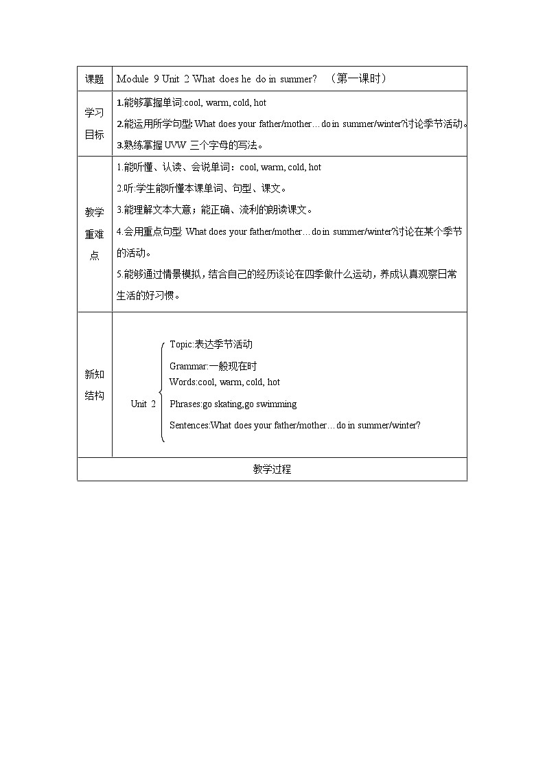 外研版（一起）小学英语 二年级上册 Module 9 Unit 2 What does he do in summer ？教案（2课时）01