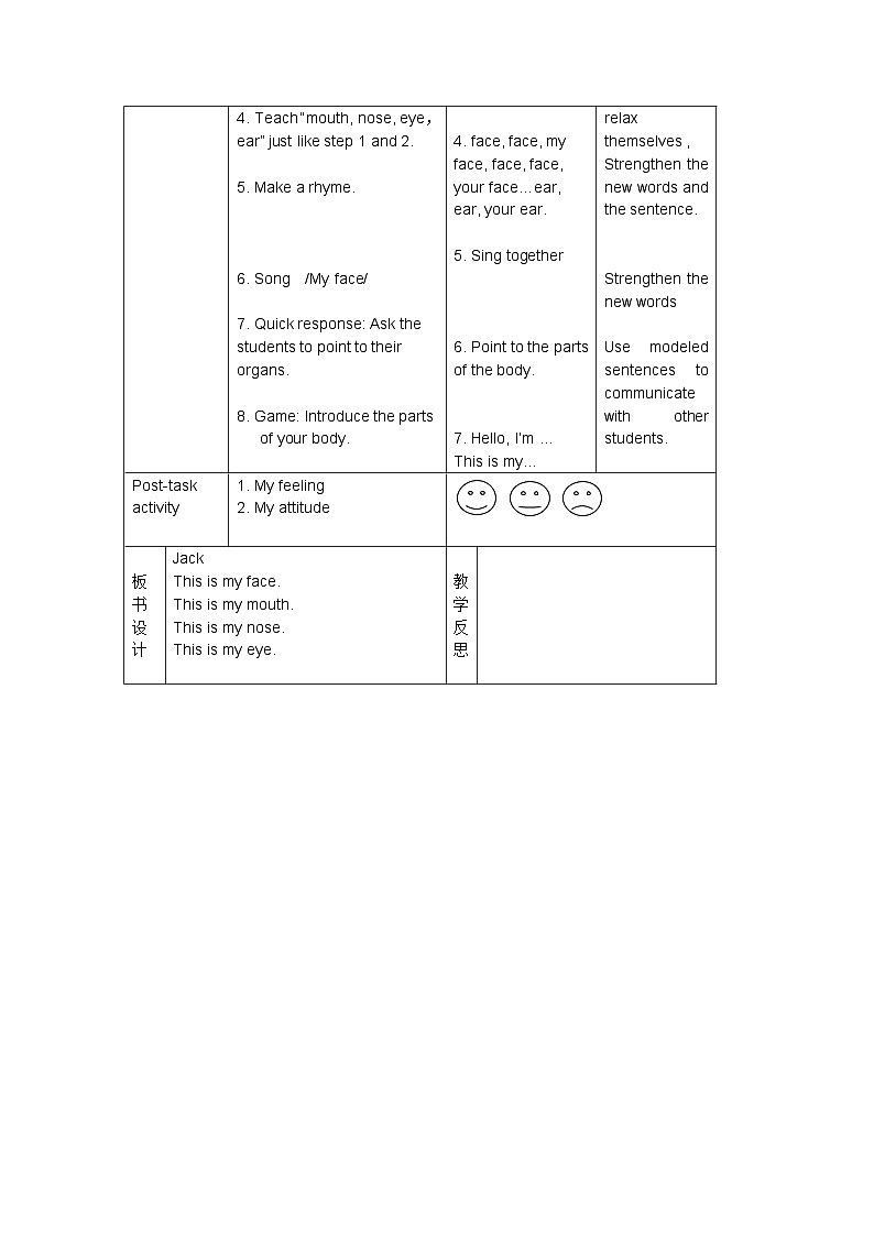 沪教牛津版（六三制一起）小学英语 一年级上册  Module 1 Unit 3 My face 教案（2课时，表格式）02