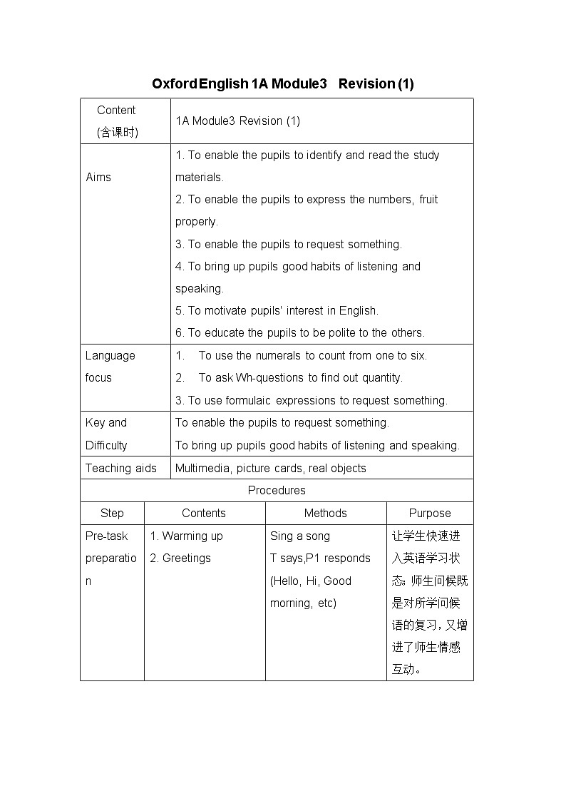 沪教牛津版（六三制一起）小学英语 一年级上册  Module 3 Revision 教案（2课时，表格式）01
