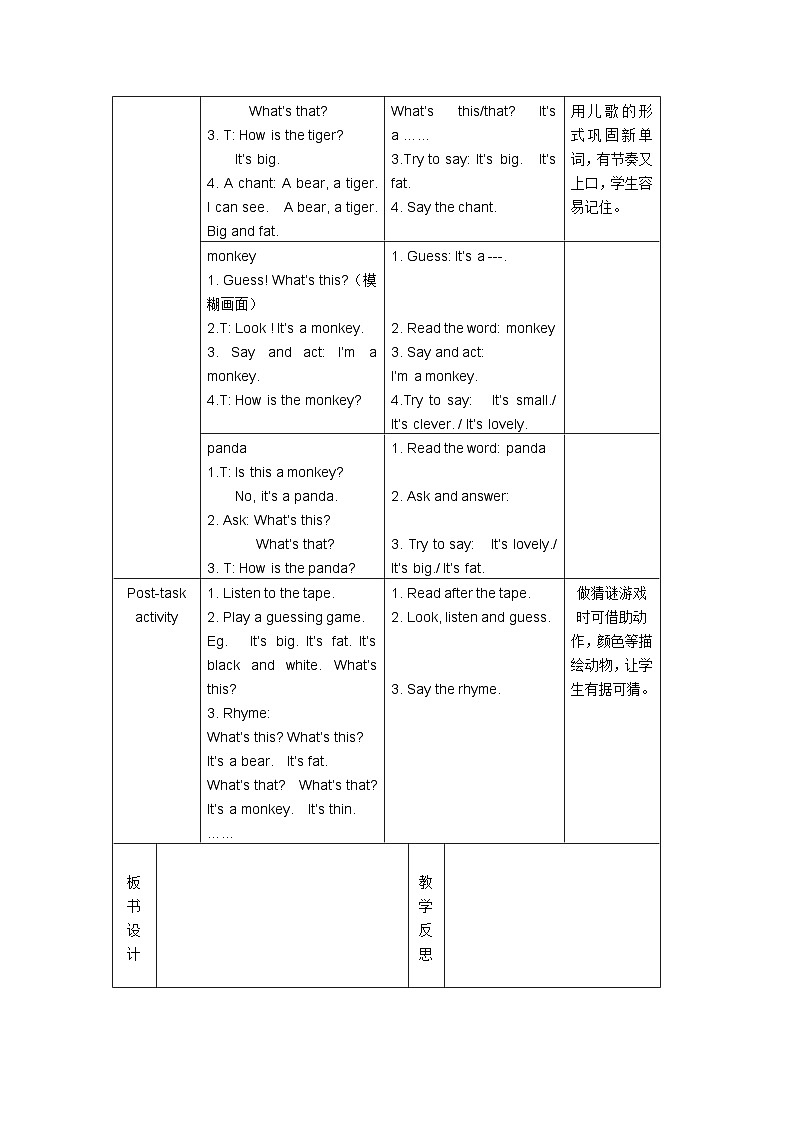 沪教牛津版（六三制一起）小学英语 一年级上册  Module 4 Unit 2 In the zoo 教案（3课时，表格式）02