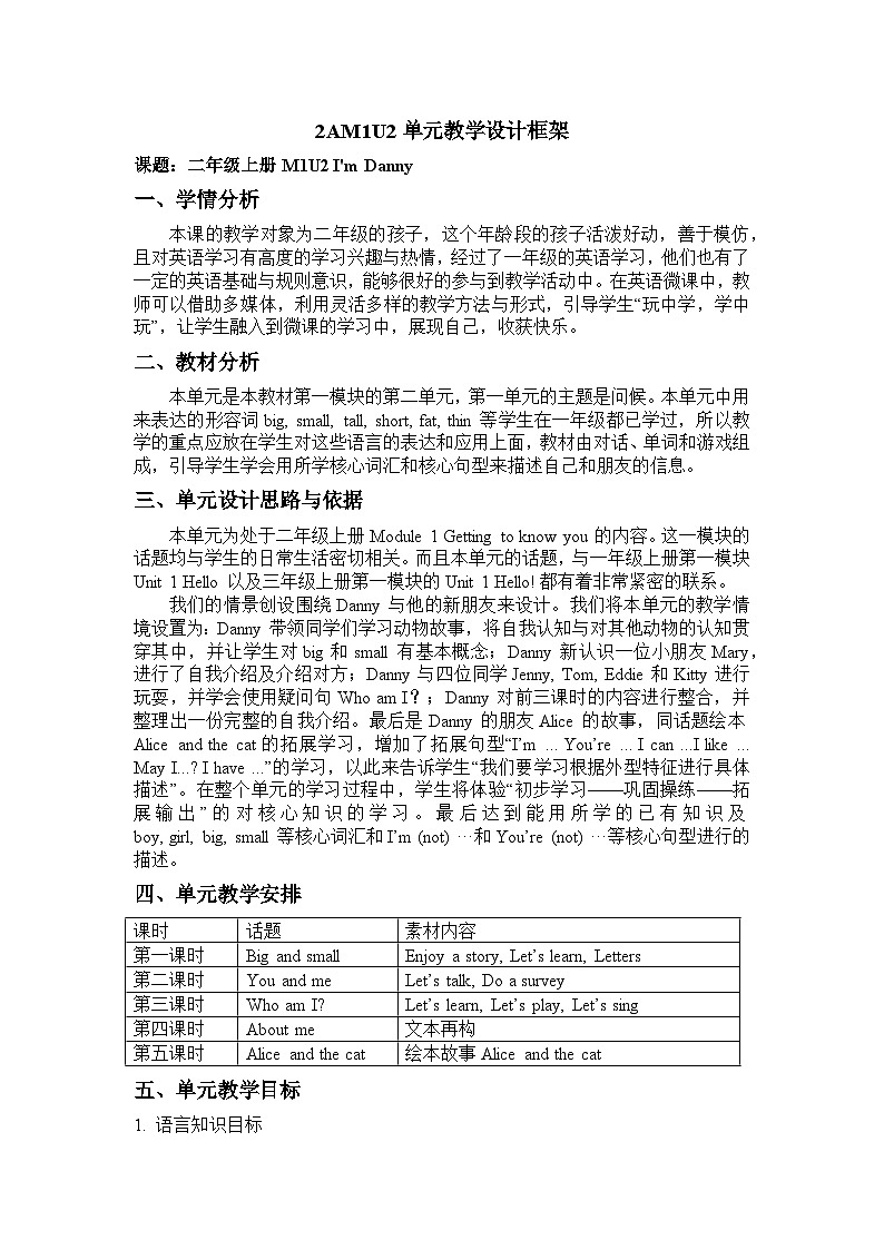 沪教牛津版（一起） 小学英语 二年级上册 unit 2 I'm Danny 教案（5课时）01