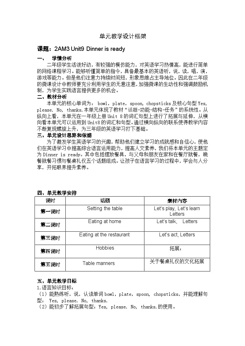 沪教牛津版（一起） 小学英语 二年级上册 unit 9 Dinner is ready 教案（5课时）01