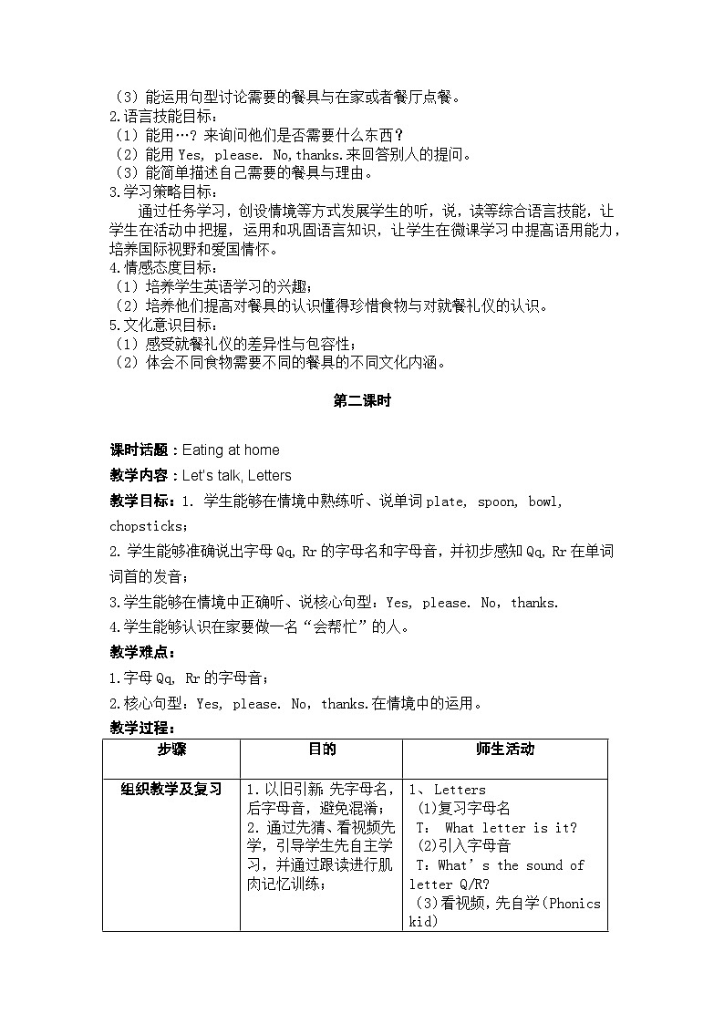 沪教牛津版（一起） 小学英语 二年级上册 unit 9 Dinner is ready 教案（5课时）02