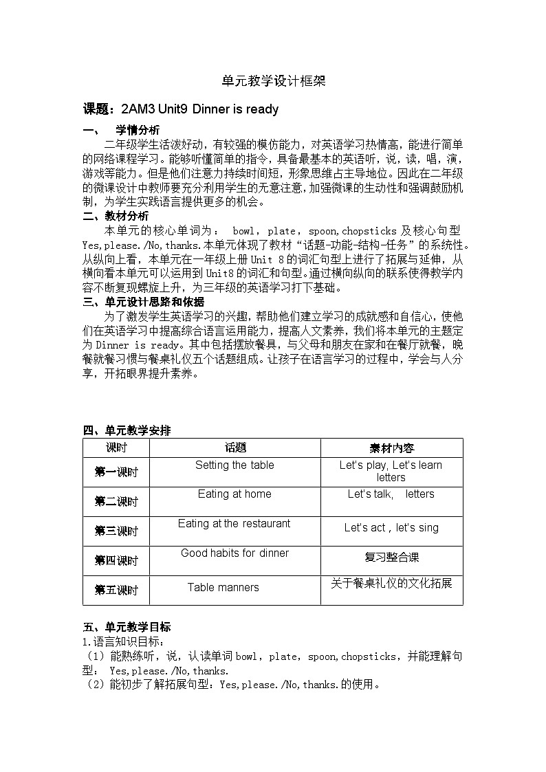 沪教牛津版（一起） 小学英语 二年级上册 unit 9 Dinner is ready 教案（5课时）01