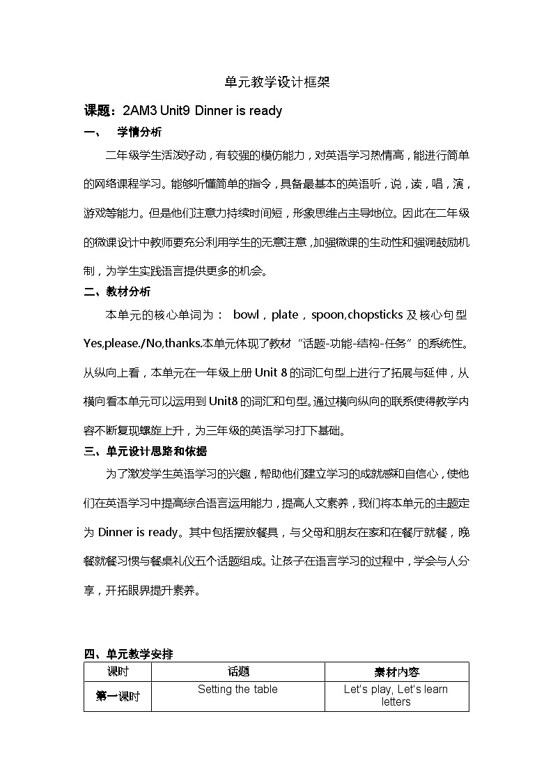 沪教牛津版（一起） 小学英语 二年级上册 unit 9 Dinner is ready 教案（5课时）01