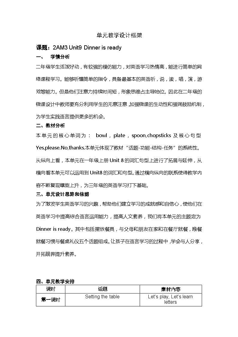 沪教牛津版（一起） 小学英语 二年级上册 unit 9 Dinner is ready 教案（5课时）01