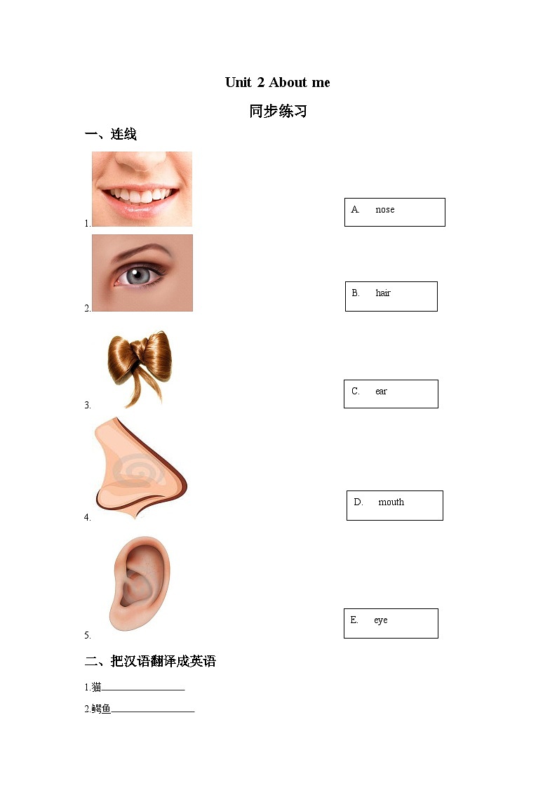 北师大版 小学英语 一年级上册 unit 2 about me 同步练习（含答案）01