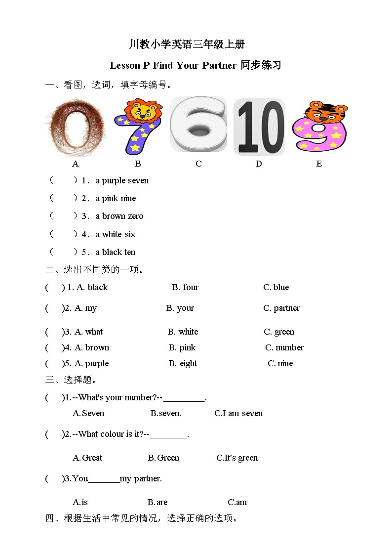 川教版（三起） 小学英语 三年级上册 LessonPFindYourPartner习题01