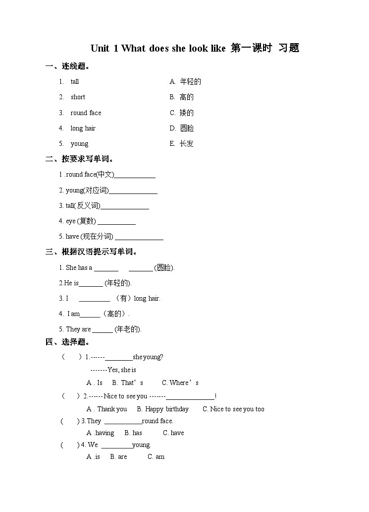 湘少版 小学英语 五年级上册  Unit 1 What does she look like（1）习题第1页