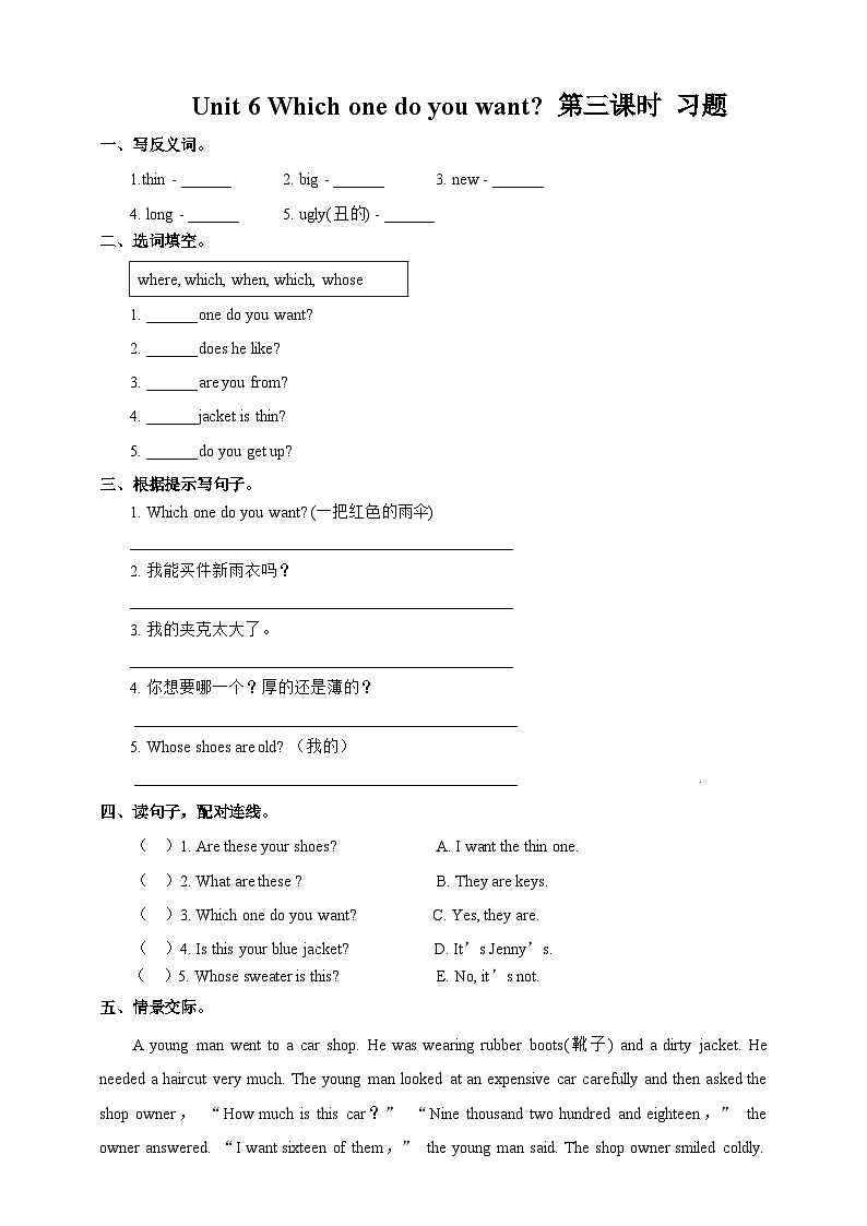 湘少版 小学英语 五年级上册  unit 6 which one do you want（同步练习） 试卷01