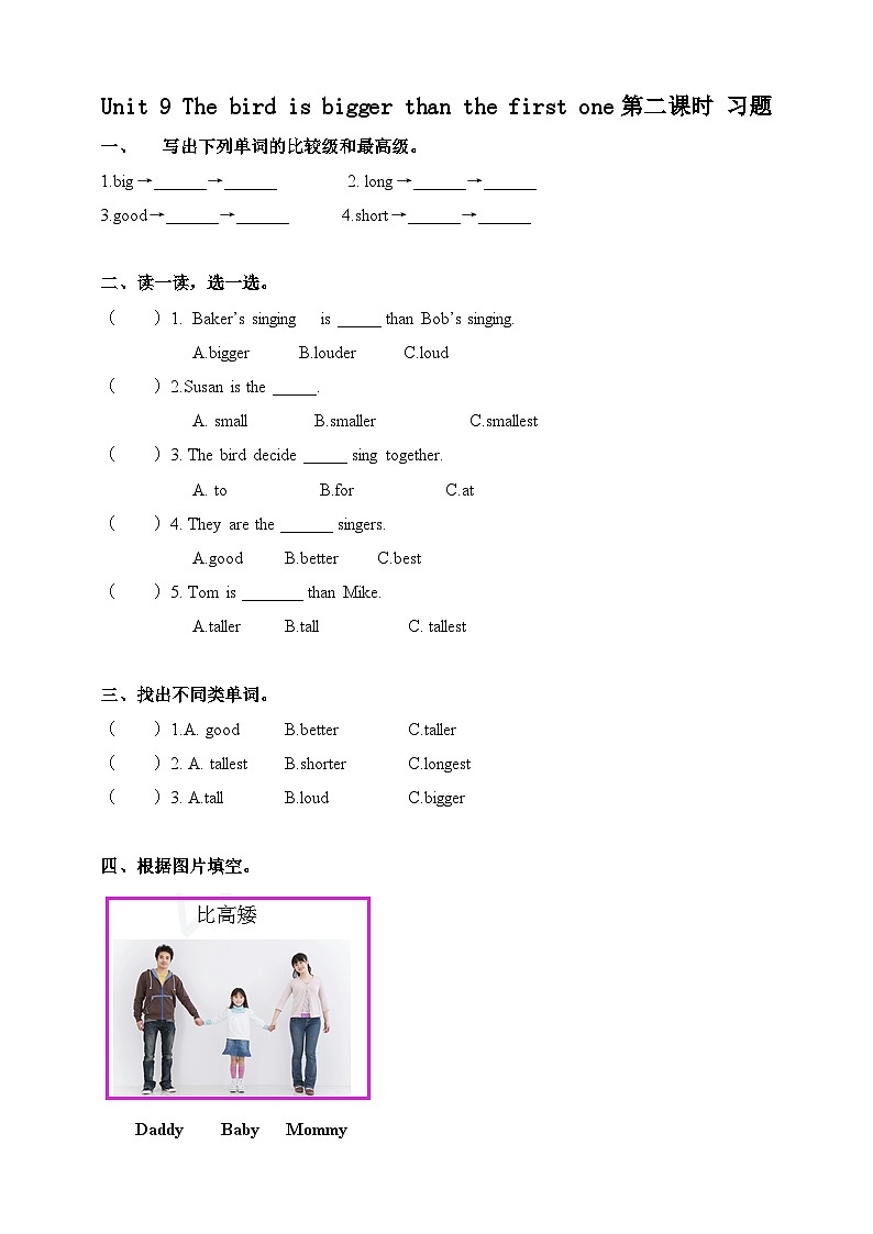湘少版 小学英语 六年级上册  unit 9 the bird is bigger than the first one（同步练习）01