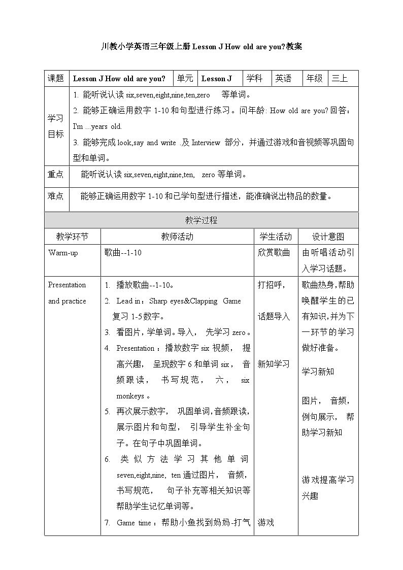 Lesson J How Old Are You 教案第1页