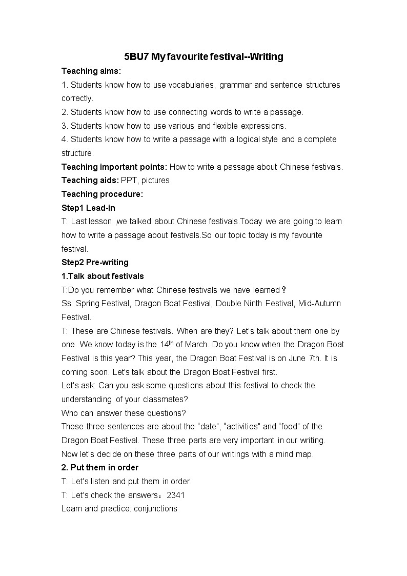 牛津译林版小学五年级英语下册 Unit 7 Chinese festivals    教案5第1页