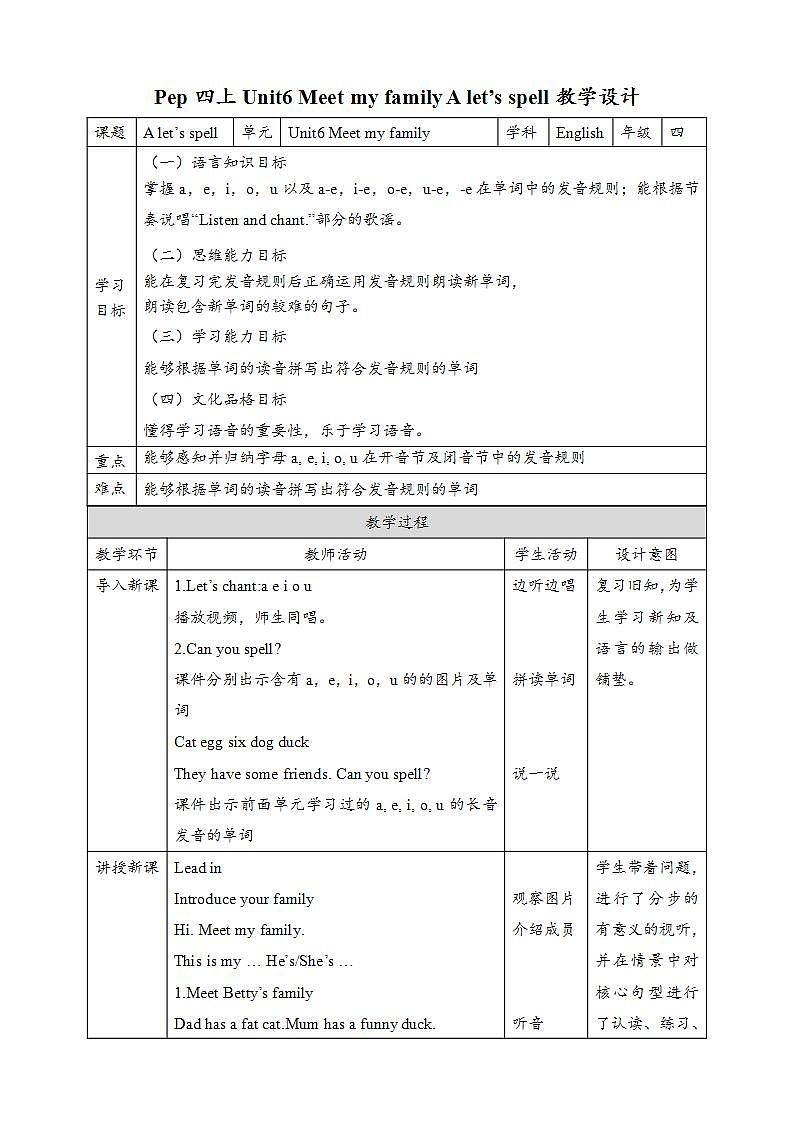 人教PEP版四年级上册 Unit6 Meet my family A let's spell  课件+教案+练习+素材01