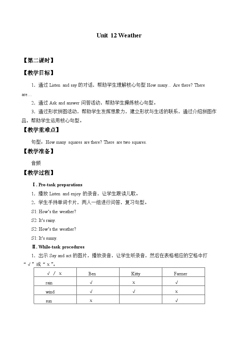 沪教版（三年级起点）小学四年级英语上册 Unit 4 Unit 12  Weather   教案1第1页