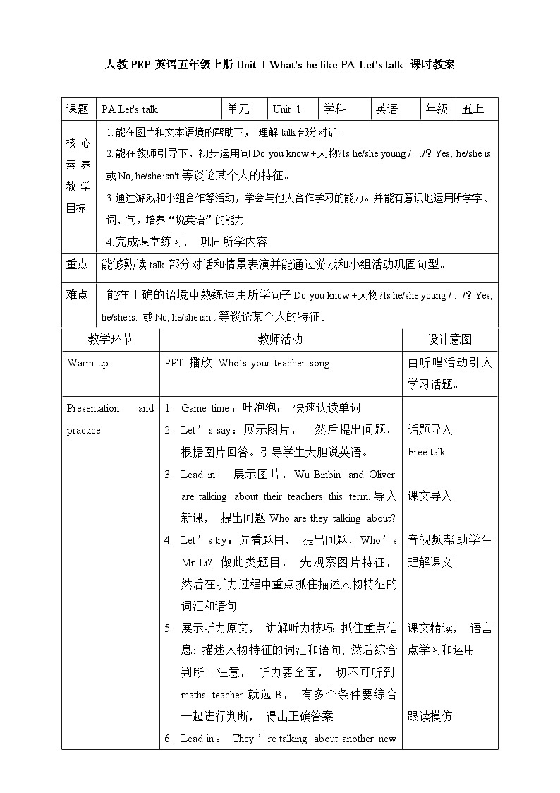 人教PEP版五年级上册 Unit 1 What's he like PA let's talk课件+练习+教案+动画素材01