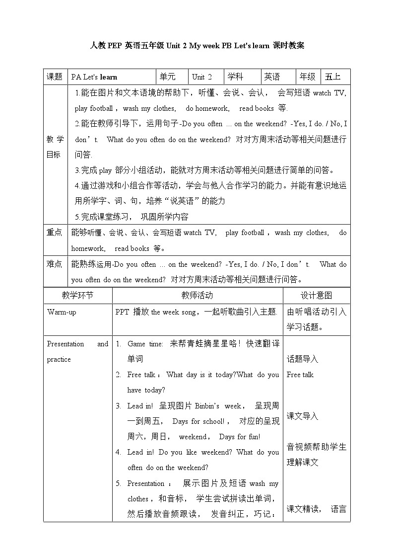 人教PEP版五年级上册 Unit 2 My week PB Let's learn 课件+教案+练习+动画素材01