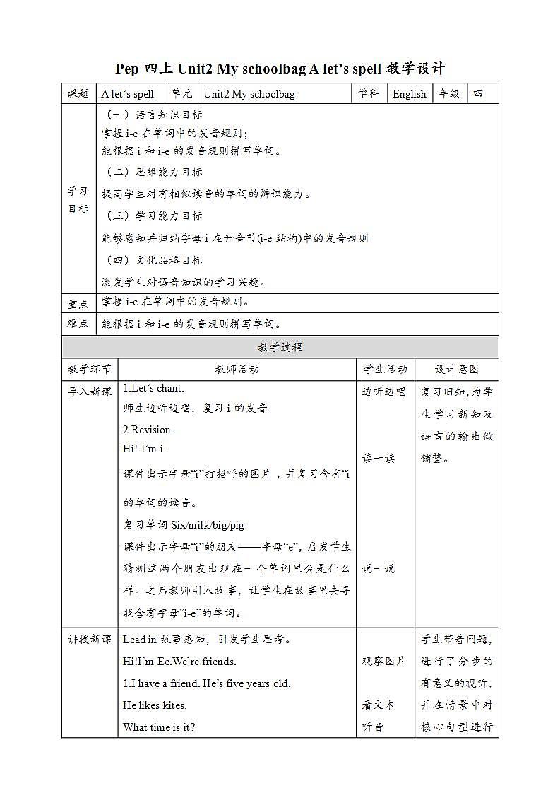人教PEP版四年级上册 Unit2 My schoolbag A let's spell 课件+教案+练习+素材01